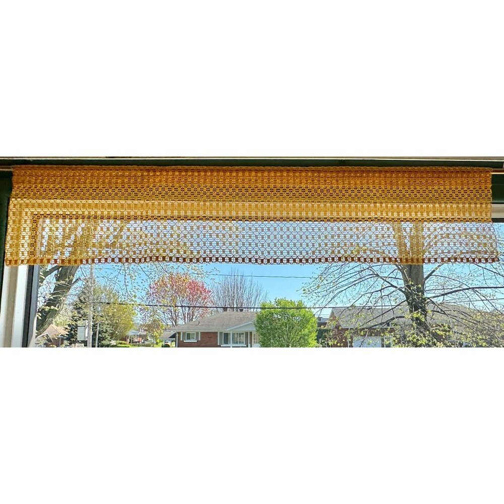 Vintage 1970s mesh valance, golden yellow, rod heading panel, price for each